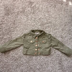 Nanette Lepore Olive Green Cropped Jean Jacket with Ruffle Shoulders